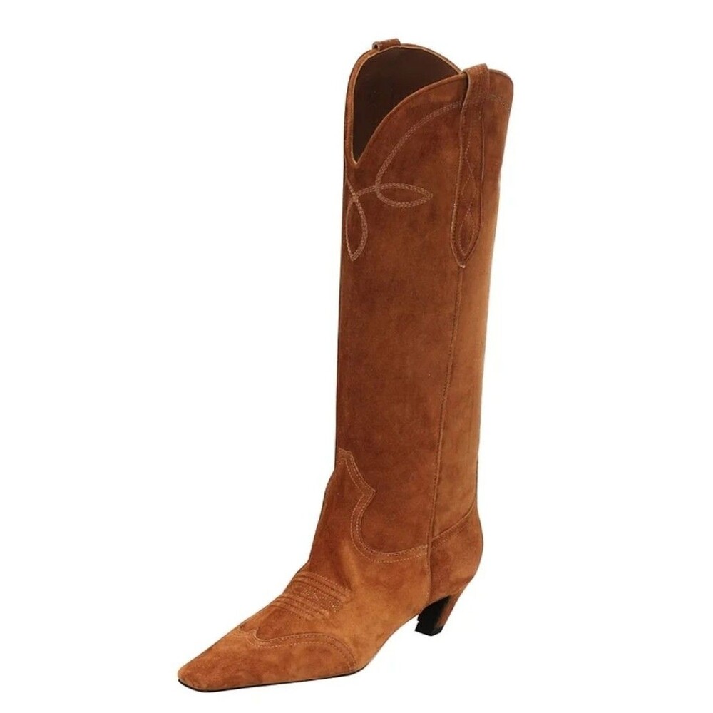 FSJ Square Toe Vintage Stitching Knee-High Cowgirl Heel Boots sz 6 Brown Western